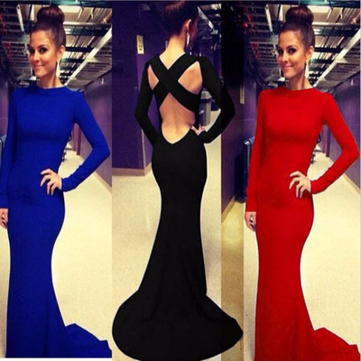 Black mermaid jewel long-sleeves criss-cross back satin prom dresses, evening dresses