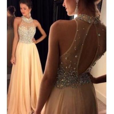Halter keyhole a-line chiffon beading prom dress,long prom dresses,evening dress