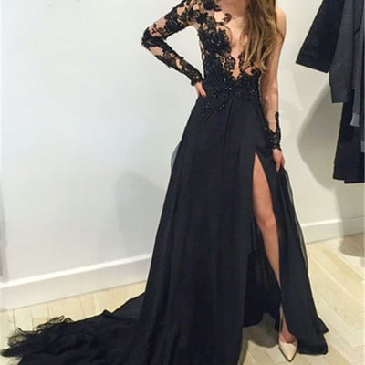 One-shoulder tee applique lace beading chaplel train long prom dress,prom dress 2017,cheap prom dress,evening dresses