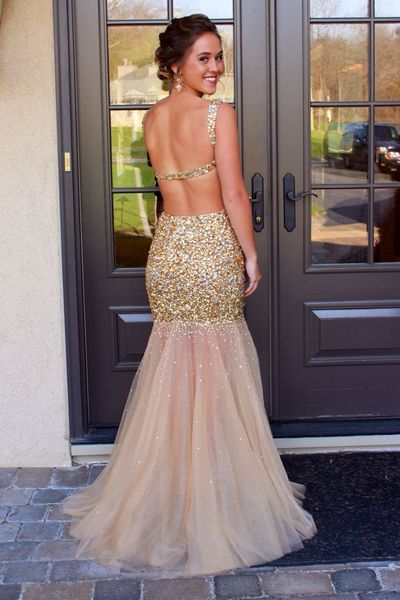 Straps Mermaid Tulle Shining Sexy Backless Beading Long Prom Dress,Evening Dresses						