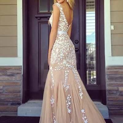 Prom dresses strapless,champagne trumpet/mermaid scoop sleeveless tulle prom dresses evening dresses 223