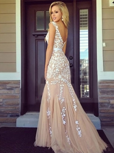 prom dresses strapless,Champagne Trumpet/Mermaid Scoop Sleeveless Tulle Prom Dresses Evening Dresses 223