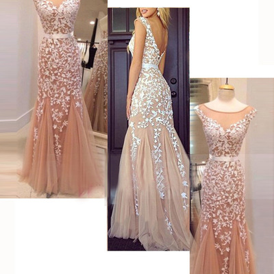 Prom dresses strapless,champagne trumpet/mermaid scoop sleeveless tulle prom dresses evening dresses 223