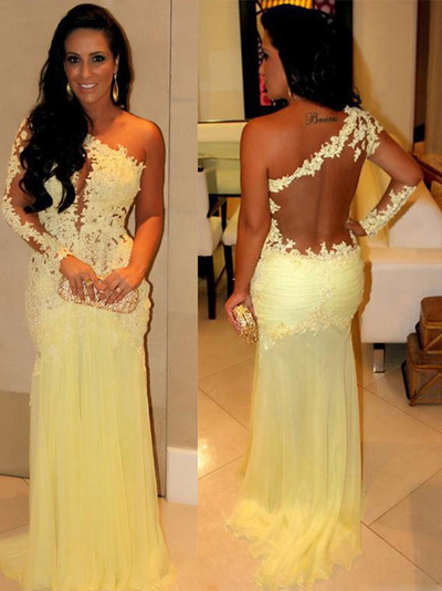 yellow prom dresses,Yellow Trumpet/Mermaid One Shoulder Chiffon Prom Dresses Evening Dresses 035