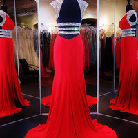 fitted prom dresses,Red Trumpet/Mermaid High Neck Rhinestone 2016 Prom Dresses Evening Dresses 1325 - Thumbnail 1