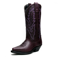 USA XTRAIL PURPLE COLOR LINE EMBROIDERED DARK RED COW BOY BOOTS - Thumbnail 1