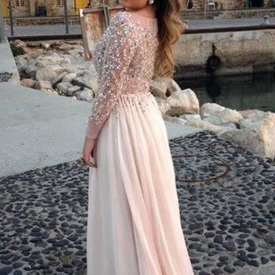 Bateau long sleeves luxurious beading a-line evening dress,long prom dresses