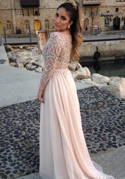 Bateau long sleeves luxurious beading A-line evening dress,long prom dresses