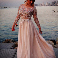 Bateau long sleeves luxurious beading A-line evening dress,long prom dresses - Thumbnail 1