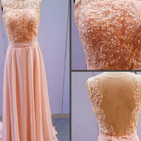 flowy prom dresses,Pink A-line Bateau Chiffon Appliques Prom Dresses Evening Dresses 1250 - Thumbnail 1