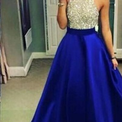 Halter beading sleeveless bodice satin pocket beall gown prom dress,evening dresses
