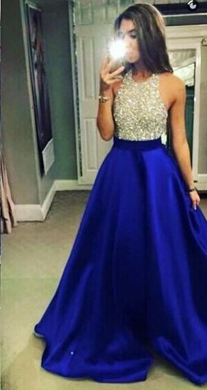 Halter beading sleeveless bodice satin pocket beall gown prom dress,evening dresses
