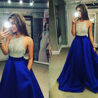 Halter beading sleeveless bodice satin pocket beall gown prom dress,evening dresses - Thumbnail 2