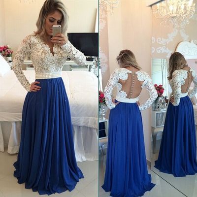 Long sleeves lace button beading blue chiffon long prom dress,evening dresses