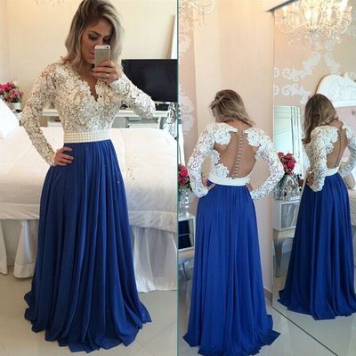 long sleeves lace button beading blue chiffon long prom dress,evening dresses