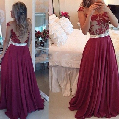 Sleeveless neck see-through back lace beading prom dresses,evening dresses
