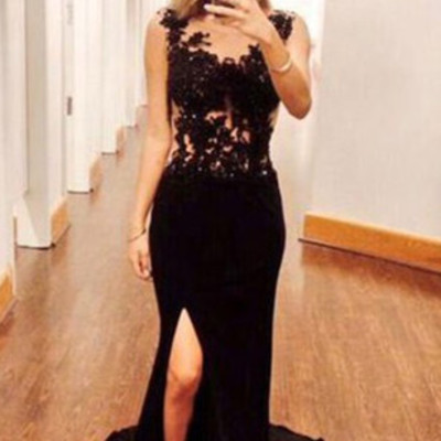 Scoop mermaid sleeveless chiffon slit sexy lace prom dresses