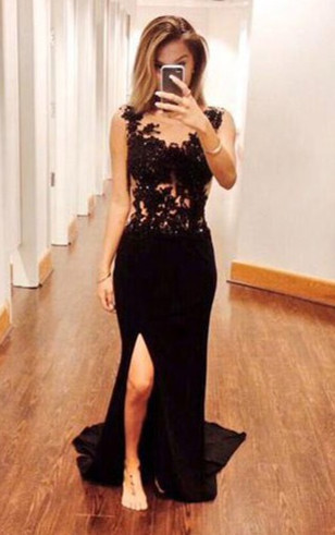 Scoop mermaid sleeveless chiffon slit sexy lace prom dresses
