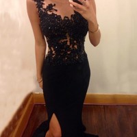 Scoop mermaid sleeveless chiffon slit sexy lace prom dresses - Thumbnail 1