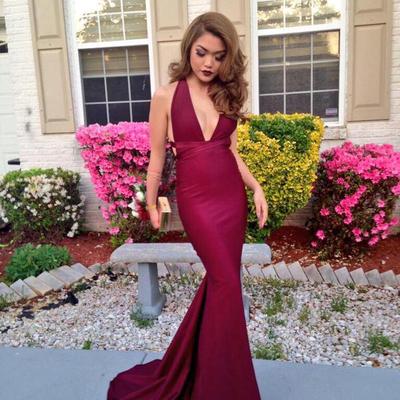 V-neck sweep train burgundy mermaid long evening dresses,formal dresses