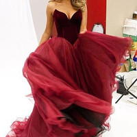 A-line Strapless Ruching V Neck Red Long Prom Dresses - Thumbnail 1