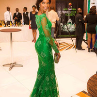 green prom dresses,Green Trumpet/Mermaid Bateau  Long Sleeve 2016 Prom Dresses Evening Dresses 005 - Thumbnail 1