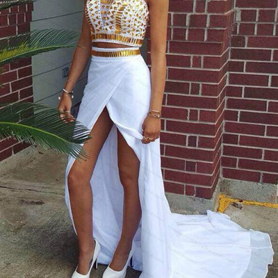 White gold dresses,white and gold sheath/column high neck floor-length chiffon prom dresses evening dresses 8692