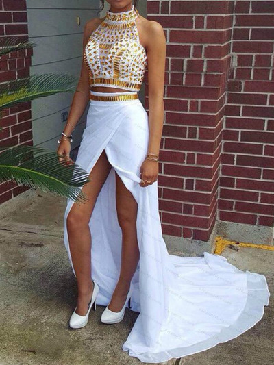 white gold dresses,White and Gold Sheath/Column High Neck Floor-length Chiffon Prom Dresses Evening Dresses 8692