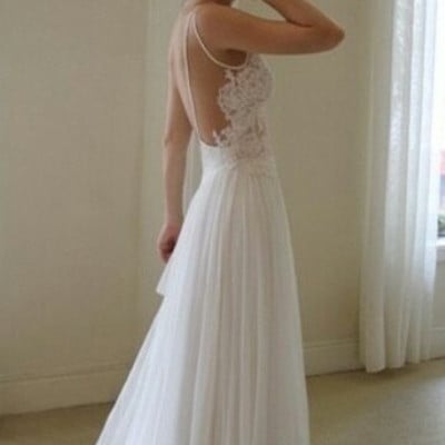 V-neck straps open back chiffon a-line lace wedding dress,backless wedding dress - Thumbnail 5