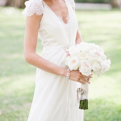 V-neck capped sleeves ruching lace wedding dress ,princess wedding dress - Thumbnail 5