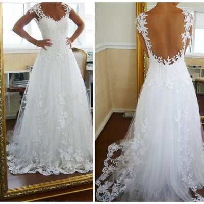 A-line lace low back chapel train wedding dress,lace wedding dresses - Thumbnail 5