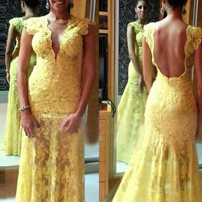 Vestidos prom dresses,yellow trumpet/mermaid v-neck short sleeve tulle with lace prom dresses evening dresses 140