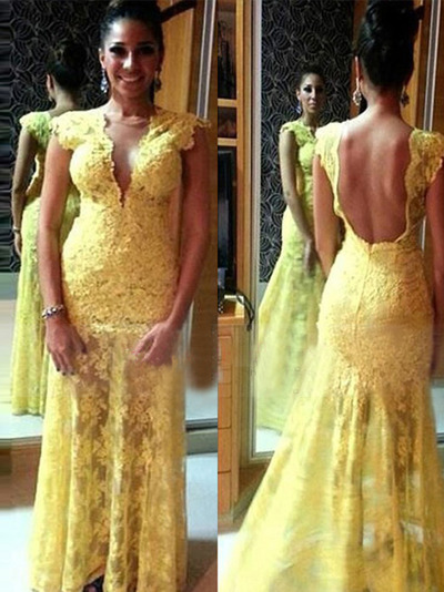 vestidos prom dresses,Yellow Trumpet/Mermaid V-neck Short Sleeve Tulle With Lace Prom Dresses Evening Dresses 140