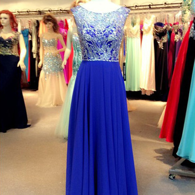 Prom dresses long,royal blue a-line scoop chiffon with beaded prom dresses evening dresses 020