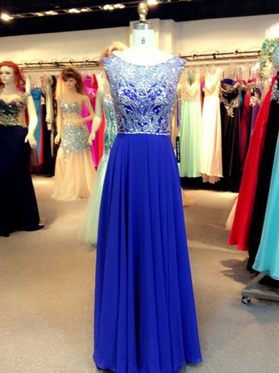 prom dresses long,Royal Blue A-line Scoop Chiffon With Beaded Prom Dresses Evening Dresses 020