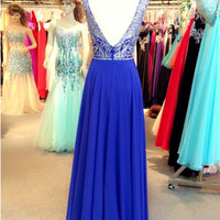 prom dresses long,Royal Blue A-line Scoop Chiffon With Beaded Prom Dresses Evening Dresses 020 - Thumbnail 1