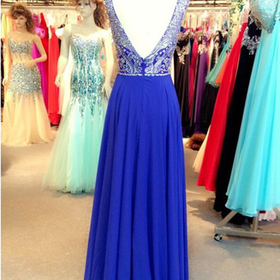 Prom dresses long,royal blue a-line scoop chiffon with beaded prom dresses evening dresses 020