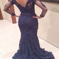 Dark Navy prom dresses,Dark Navy Trumpet/Mermaid V-neck Tulle Prom Dresses Evening Dresses 5 - Thumbnail 1