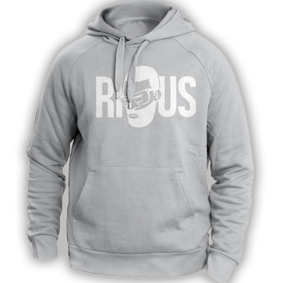Gray hoodie w/ message on left sleeve in the logo color