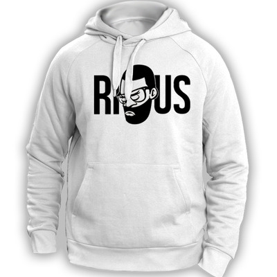 White hoodie w/ message on left sleeve in the logo color
