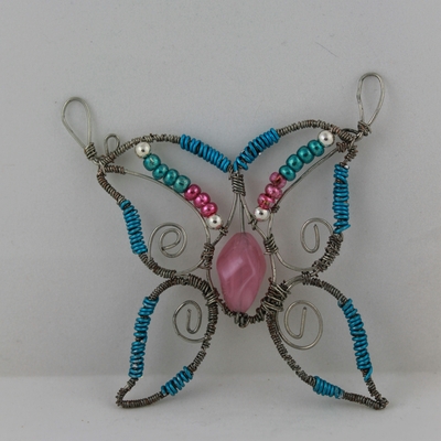 Large Hand Crafted Wire Pink & Turquoise Butterfly  