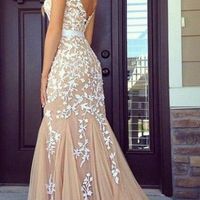 Beauty Scoop Tulle Lace Mermaid Sexy Sash lace long Prom Dress  - Thumbnail 1