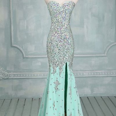 Light blue a-line beading slit sex long prom dresses,evening dresses