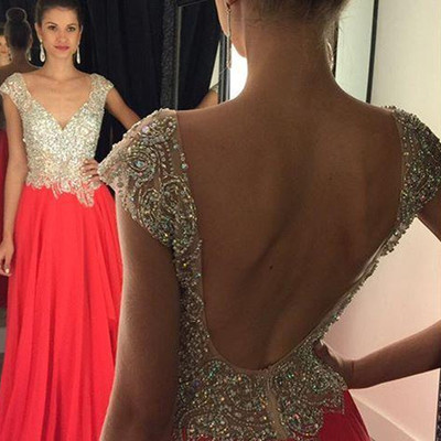 V-neck beading a-line low back chiffion long evening dress,cheap prom dress
