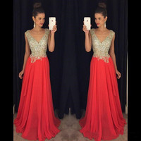 V-neck Beading A-line Low Back Chiffion Long Evening Dress,cheap prom dress - Thumbnail 1