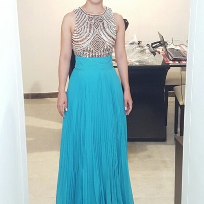 Different prom dresses,blue a-line scoop sleeveless chiffon beaded prom dresses evening dresses 007