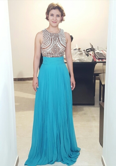 different prom dresses,Blue A-line Scoop Sleeveless Chiffon Beaded Prom Dresses Evening Dresses 007