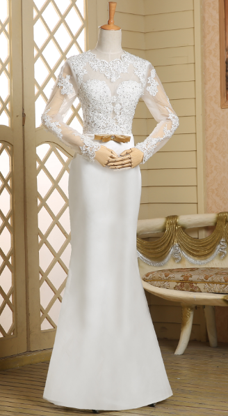 white prom dresses,White Trumpet/Mermaid Lace Long Sleeve Prom Dresses Evening Dresses 011