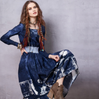 ARTKA ELASTIC WAISTLINE DENIM STITCHED ENVIRONMENTAL DYEING DRESS LA15058D - Thumbnail 3