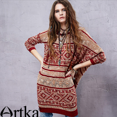 Artka ethnic pattern bohemian style dress sweater yb14255c - Thumbnail 5